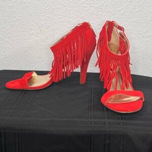 LANE BRYANT PIA RED SUEDE FRINGER HEELS ANKLE SANDALS 4 1/4 HEEL SZ 11